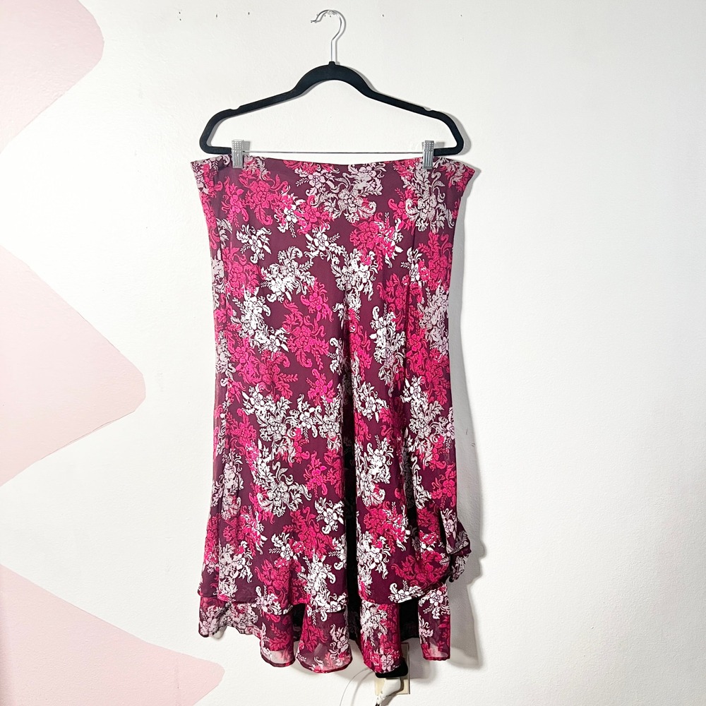 Vtg Y2k 2000s Midi Skirt Size Large Pink Floral Ruffles Asymmetrical Fairy
